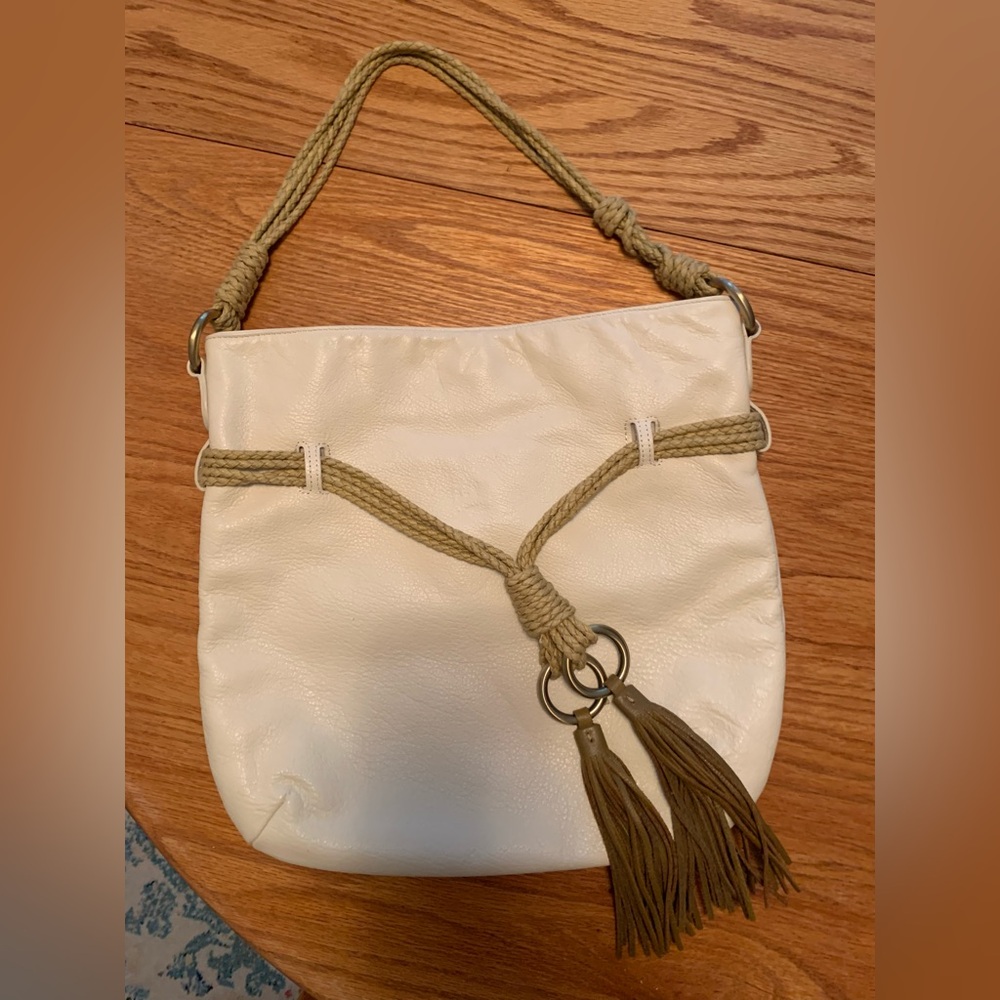 Donna Dixon Off-White Leather Shoulder Bag w/Leather Tassels